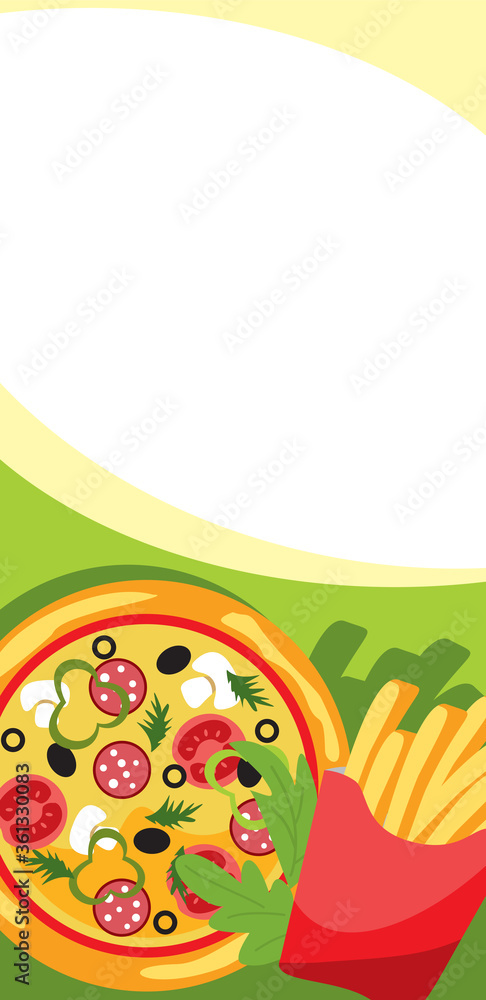Flat illustration of pizza and french fries in a box. Vertical flyer with empty place for text.