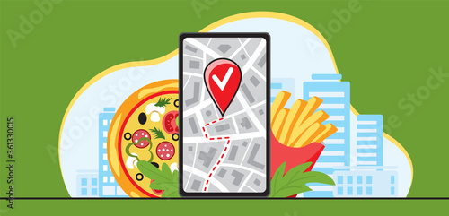 Map navigator on smartphone. Phone on the background of pizza, french fries and city buildings. Soft application card or fast food delivery. Horizontal flyer.
