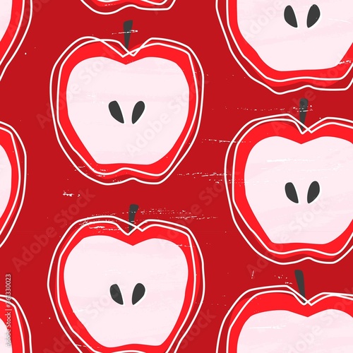 Red apple and seeds seamless pattern with brush scratch texture. Summer harvest repeated design with thin outlines and fruit clipart.