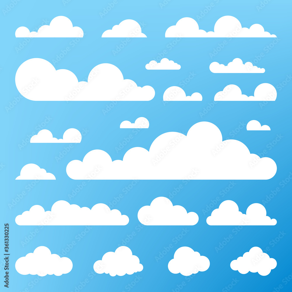 Set of blue sky, clouds. Cloud icon, cloud shape. Set of different clouds. Collection of cloud icon, shape, label, symbol. Graphic element vector. Vector design element for logo, web and print.