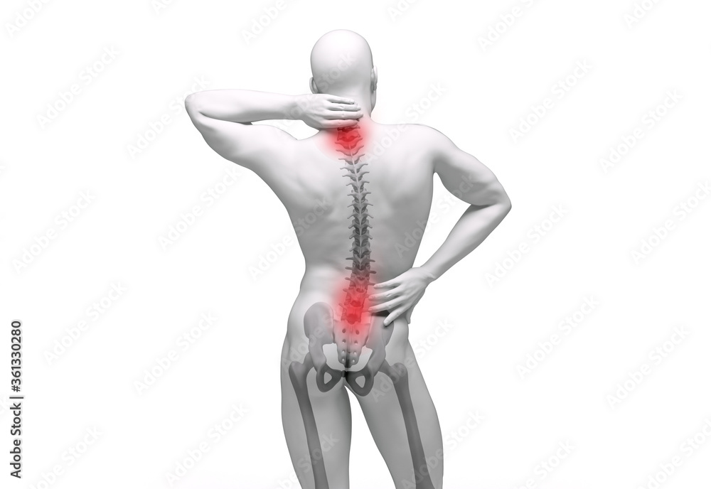 3D render : the portrait of a man pose as he got the pain at his neck and his lower back