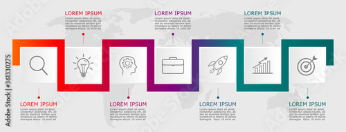 Business infographic Vector with 7 steps. Used for presentation,information,education,connection,marketing, project,strategy,technology,learn,brainstorm,creative,growth,abstract,stairs,idea,text,work.