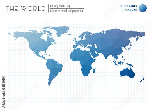 Vector map of the world. Patterson cylindrical projection of the world. Blue Shades colored polygons. Awesome vector illustration.