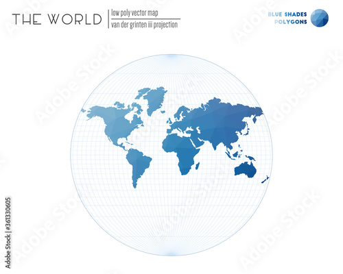 Low poly design of the world. Van der Grinten III projection of the world. Blue Shades colored polygons. Contemporary vector illustration.