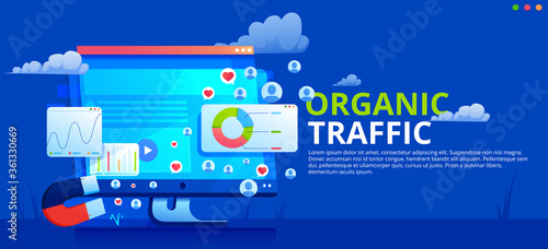 Organic seo concept vector banner. Computers screen with graphics and website statistics. Magnifying glass with green leaves.