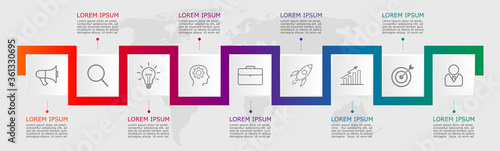 Business infographic Vector with 9 steps. Used for presentation,information,education,connection,marketing, project,strategy,technology,learn,brainstorm,creative,growth,abstract,stairs,idea,text,work.