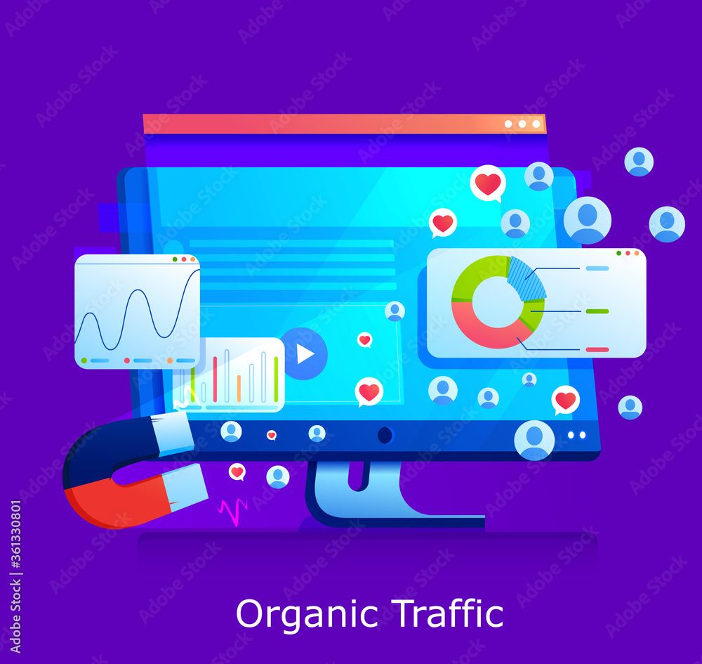 Organic seo concept vector banner. Computers screen with graphics and website statistics. Magnet attracts an audience of new users to the site. Organic seo concept vector banner. Computers screen with graphics and website statistics. Magnet attracts an audience of new users to the site.