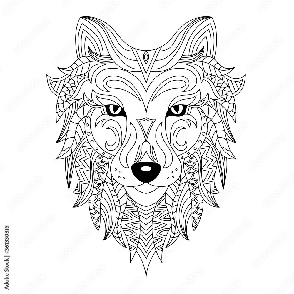 Wolf head coloring book illustration. Antistress coloring for adults ...