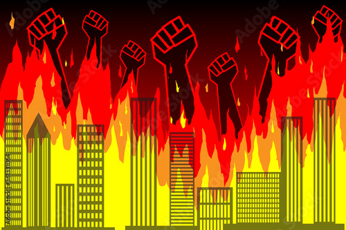 Protest. Silhouettes of raised fists protesting against the backdrop of a burning city, skyscrapers. Vector