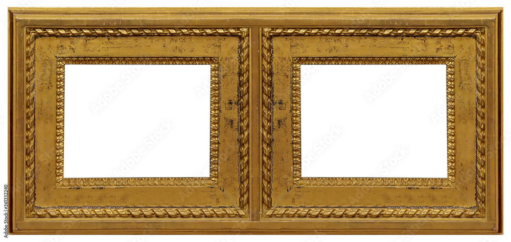 Fototapeta premium Double golden frame (diptych) for paintings, mirrors or photos isolated on white background