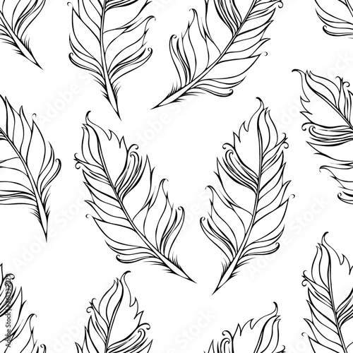 Black lined feather isolated on White background. Seamless pattern. Vector illustration