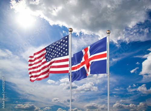 Realistic 3D Illustration. USA and Iceland. Waving flags of America and Iceland.