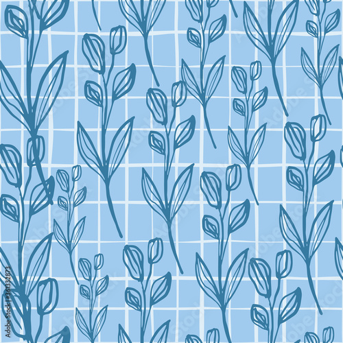 Vintage line art leaf seamless pattern on line background. Hand drawn floral botanical wallpaper.