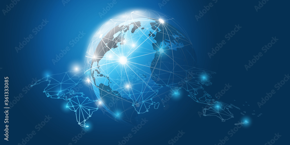 Abstract Blue Futuristic Modern Style Cloud Computing, Networks Structure, Telecommunications Concept Design, Network Connections with Earth Globe and Transparent World Map - Vector Illustration