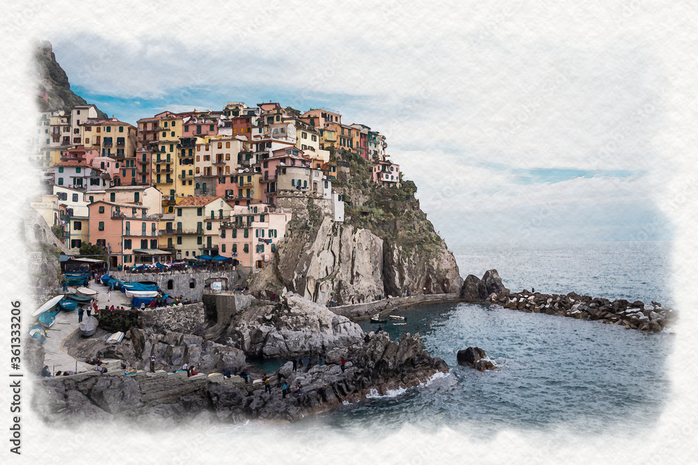 Watercolor stylization of picturesque view on Manarola village, Cinque Terre, Liguria,  Italy. Postcard design