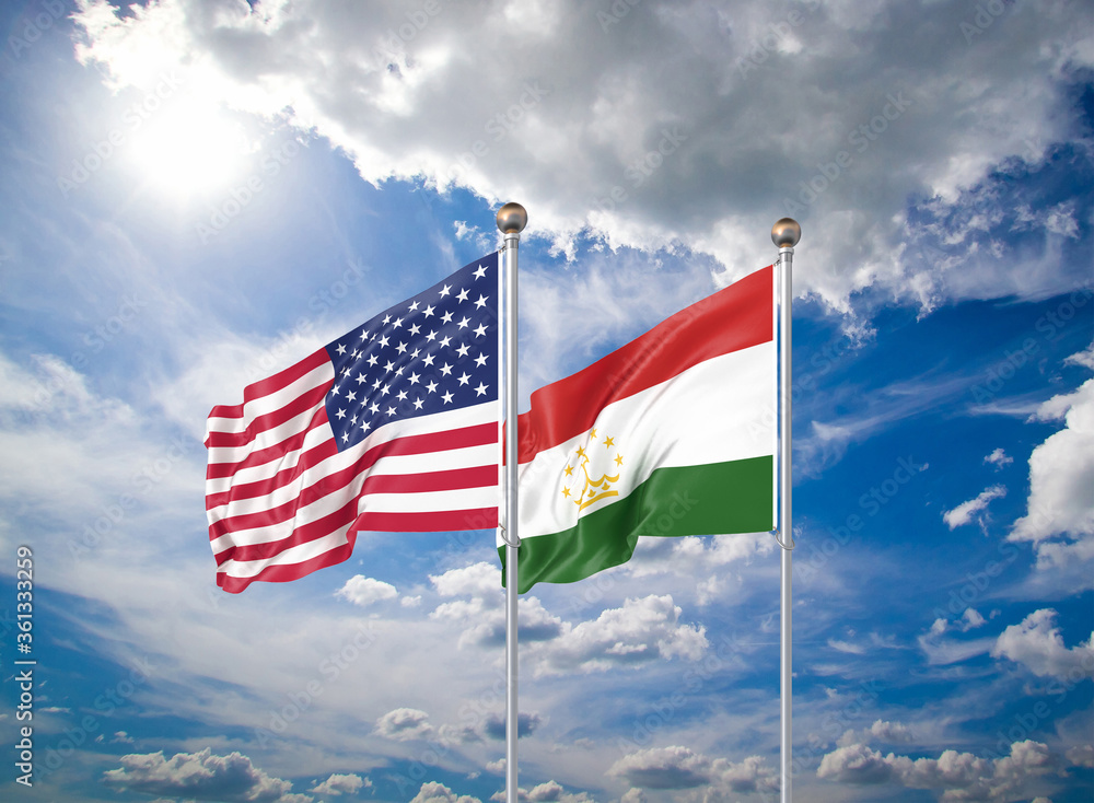 Realistic 3D Illustration. USA and Tajikistan. Waving flags of America and Tajikistan.