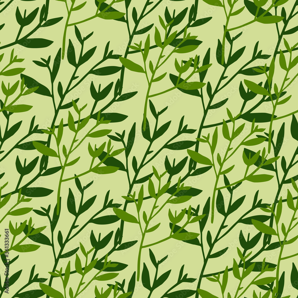 Green leaves silhouette seamless pattern. Decorative twigs. Tree branches vector wallpaper. Nature background.