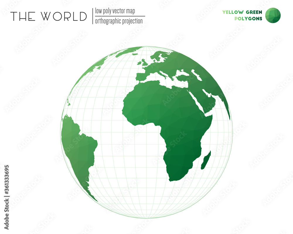 Polygonal world map. Orthographic projection of the world. Yellow Green colored polygons. Contemporary vector illustration.