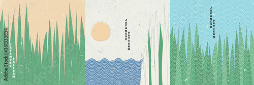 Vector illustration. Minimalist style. Grass near water. Cane. Japanese old style. Topographic pattern. Design for  social media template, blog post. Line art. Grunge textured backgrounds set