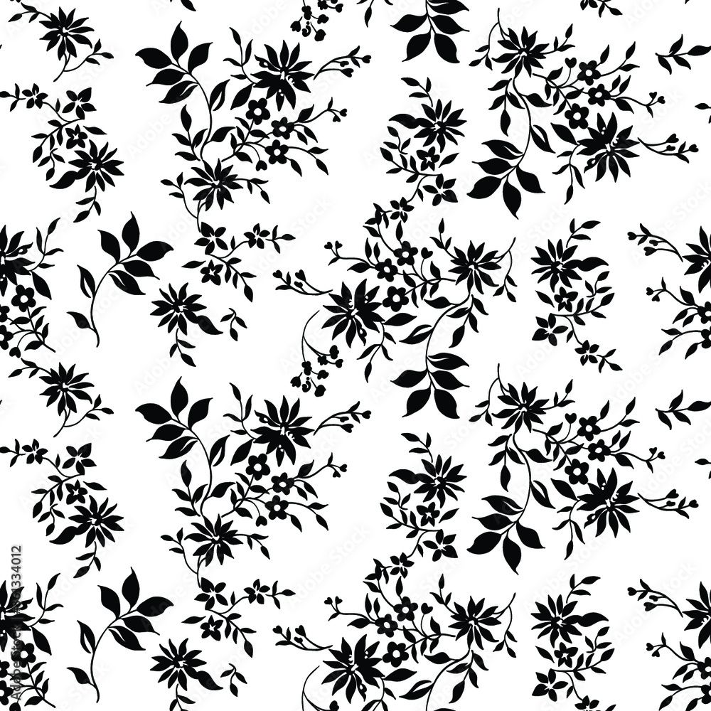 Fototapeta premium Tiny flowers seamless pattern, vector, black and white