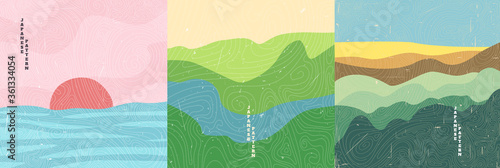 Vector illustration landscape. Japanese wave pattern. Mountain background. Asian style. Design for social media wallpaper, blog post template. Old paper with scratches, Colorful backdrop