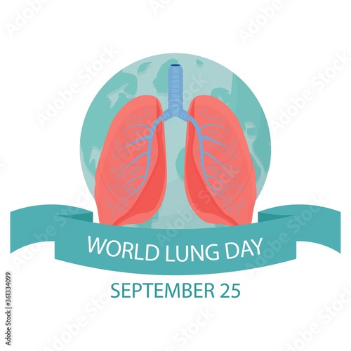 World lung day, international support, awareness. Card, greeting cards, poster or banner stock vector illustration. Lungs with planet Earth in blue colours.