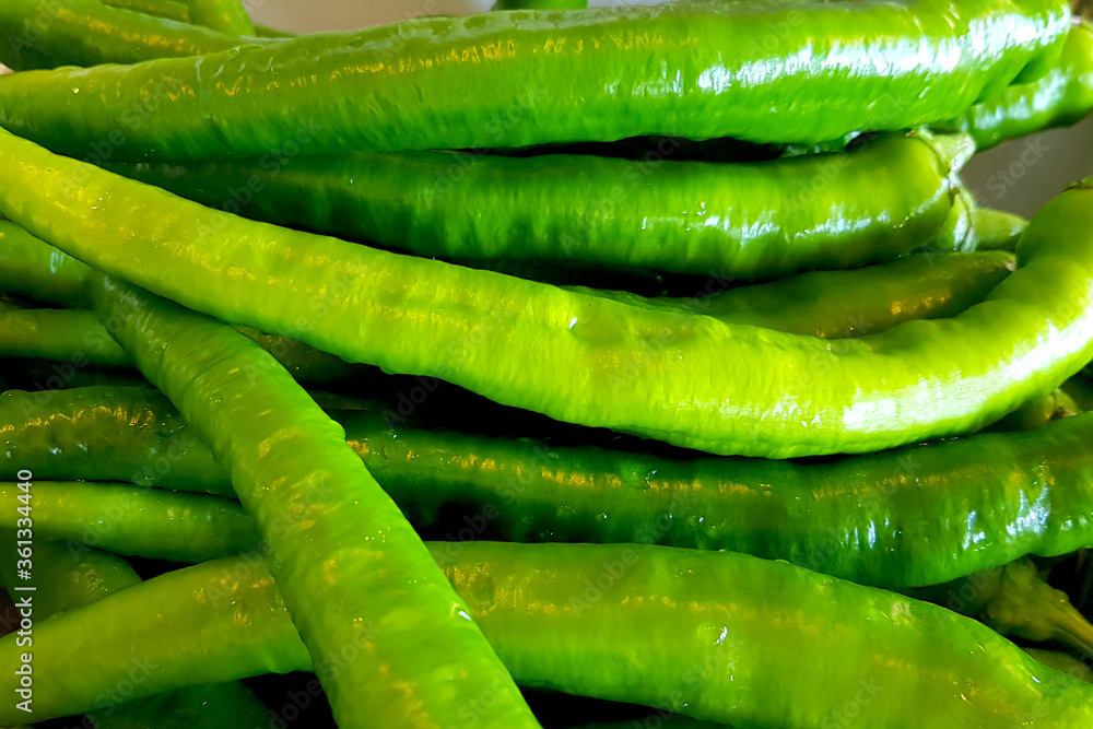 Greens. Organic long green pepper is a selective focus, horizontal Greens. Organic long green pepper is a selective focus, horizontal