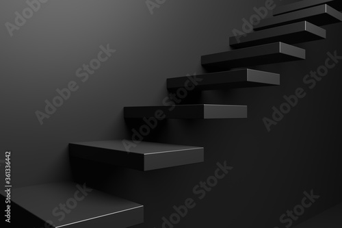 Ascending black stairs in black room close-up  abstract 3D illustration.