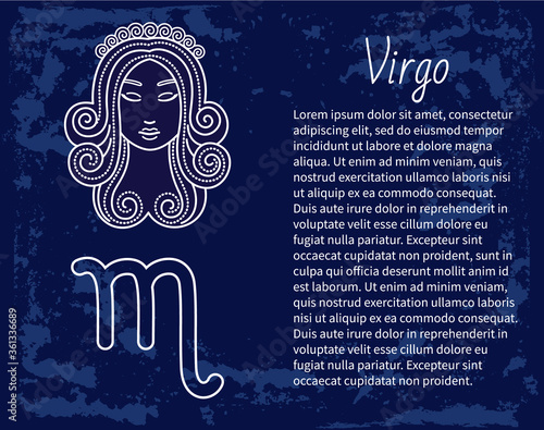 Virgo horoscope and zodiac sign decorative design in circle. Isolated icon of maiden in sketchy manner. Element for virgos or virgoans born in september and august months. Vector in flat style