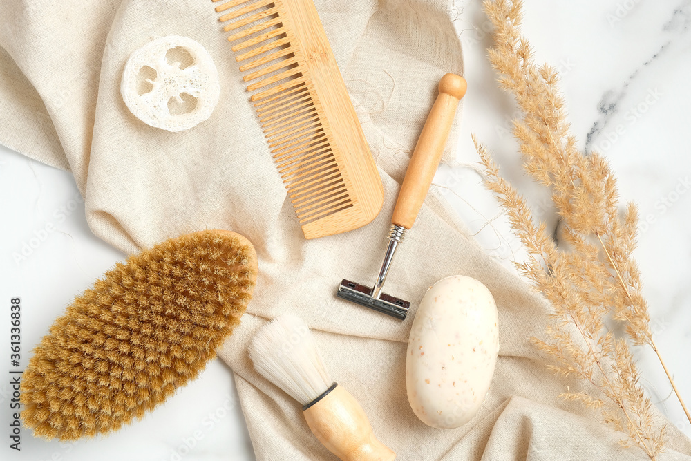 Flat lay composition with men's shaving tools and bath accessories on marble background. Flat lay composition with men's shaving tools and bath accessories on marble background.