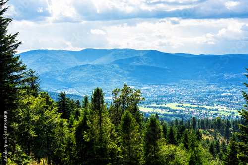 Fototapeta Naklejka Na Ścianę i Meble -  Panoramic view of Bielsko Biala city from the slopes of Magurka in Beskid Maly, Poland. Bielsko is a city located at the foot of the mountains with good tourist infrastructure.