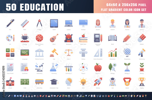 Vector of 50 Education and School Subject. Flat Gradient Color Icon Set. 64x64 and 256x256 Pixel. Vector.