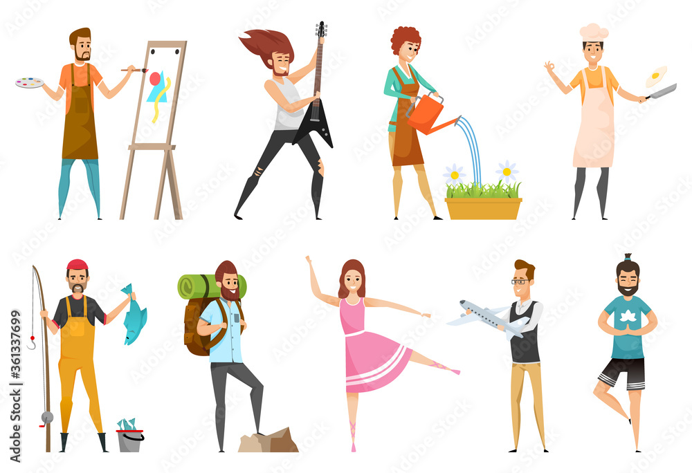 Fisherman and backpackers vector, people hobbies set. Man with guitar, guitarist of metal band, gardening and cooking, yoga dancing and constructing