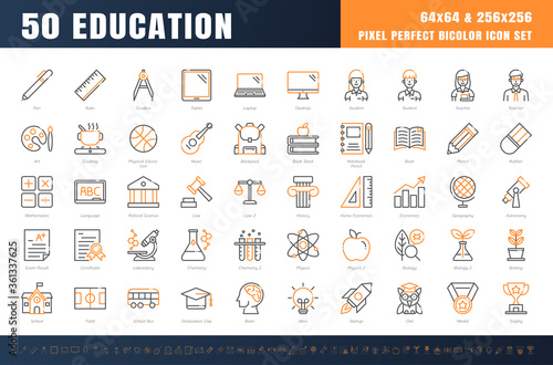 Vector of 50 Education and School Subject. Bicolor Line Outline Icon Set. 64x64 and 256x256 Pixel Perfect Editable Stroke. Vector.