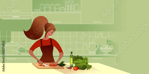 Vegan Girl with knife is chopping vegetables for a salad or borsch in the kitchen. Flat graphic vector illustration.