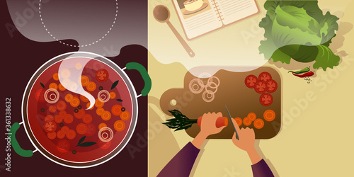 Chopping vegetables on a cutting board for borsch. Top view vector mockup illustration for layout landing page or design advertising banner.