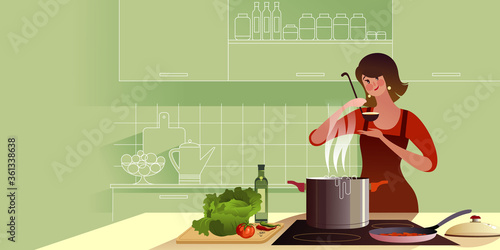 Young chef girl in the kitchen cooks tasty cabbage soup. Flat graphic vector illustration.