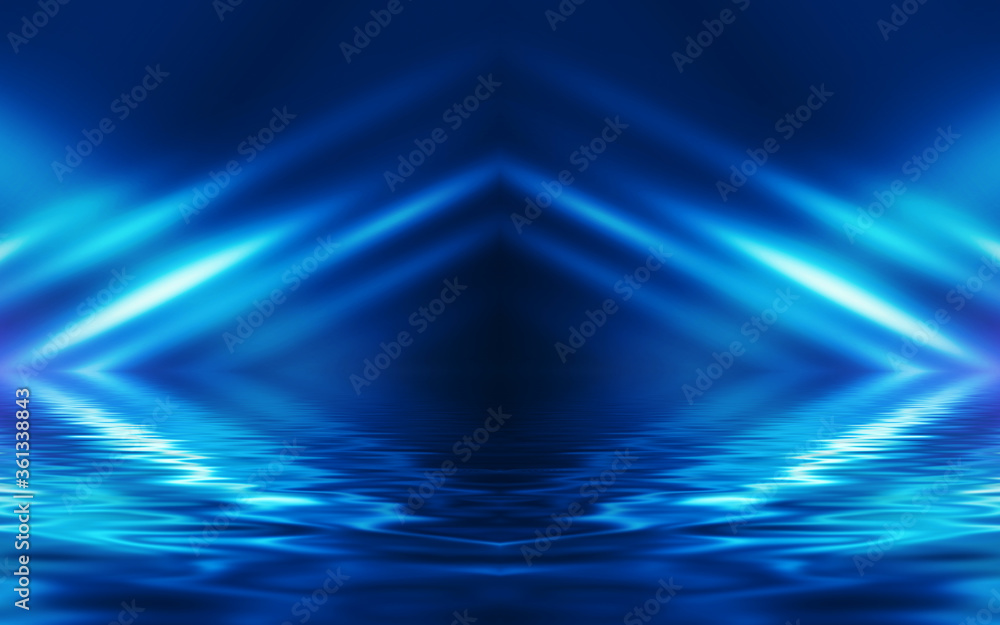 Light neon effect, energy waves on a dark abstract background. Laser colorful neon show. Reflection of light in the water. Smoke, fog. 3d illustration Light neon effect, energy waves on a dark abstract background. Laser colorful neon show. Reflection of light in the water. Smoke, fog. 3d illustration