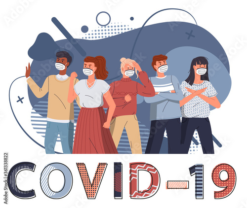 Group of multinational men and women in medical masks protesting against coronavirus at blue flat vector elements background. Concept of coronavirus spreading. People show stop gesture to covid-19
