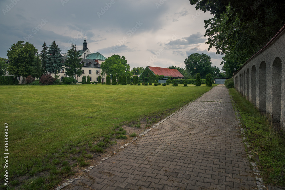 Park near Church in Gora Kalwaria, Masovia, Poland.