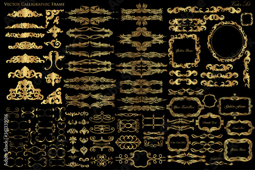 A large set of vintage elements, decorative frames and adornments in gold color on a black background.