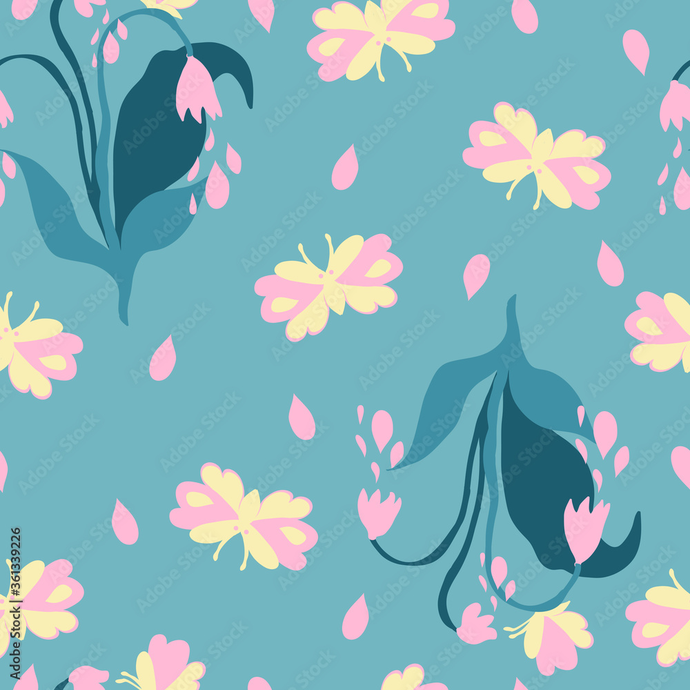 Vector seamless pattern with spring wildflowers and cute butterflies on blue background