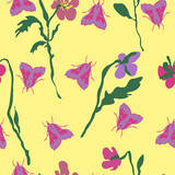 Vector seamless pattern with violet moths and pansies on yellow background