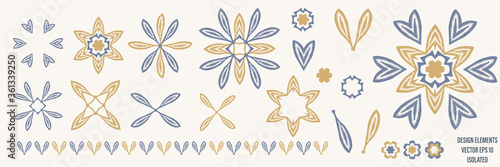 Rustic leaf design element french farmhouse  style. Classic blue yellow shabby chic ornament motif. Hand drawn vintage clipart . Isolated vector graphic line art set collection.