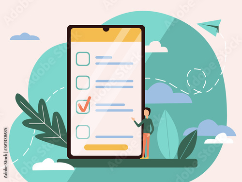 Illustration of an online survey in flat style. Checklist concept in a mobile phone and a male character pointing to a selection mark. For the design of sites, applications. Time management poster.