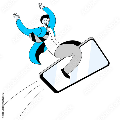 A man in a business suit is flying on a mobile phone. Concept of a vector illustration on the topic of high-speed mobile Internet.