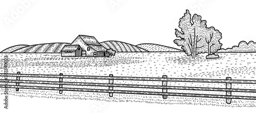 Rural landscape with country house. Countryside hand drawn vector engraving style illustration. Fiends and hills in the graphic sketch style.