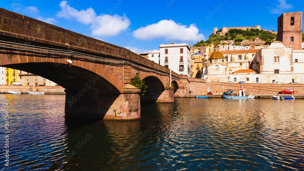 View of Bosa, Sardinia, Italy, church, dome and river