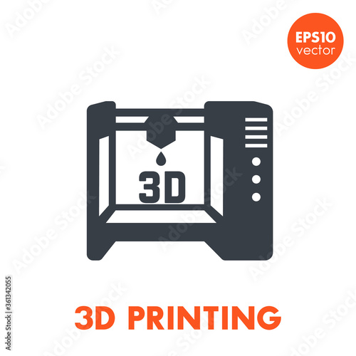 3d printer icon, additive manufacturing pictogram isolated over white