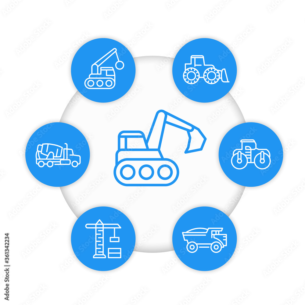 construction vehicles line icons, heavy machines, excavator, concrete mixer construction vehicles line icons, heavy machines, excavator, concrete mixer